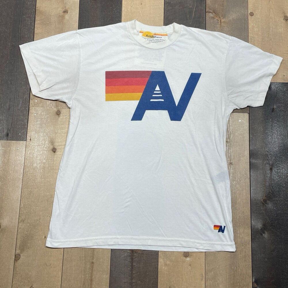 Aviator Nation Shirt Mens Large White Rainbow Logo Crew Neck Graphic Tee USA